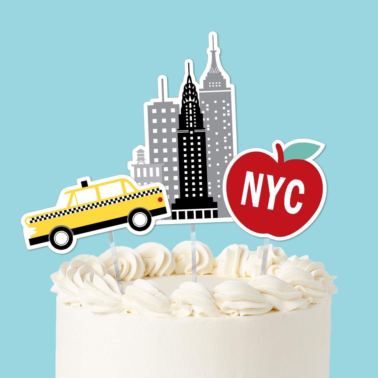 Big Dot of Happiness NYC Cityscape Cake Topper Set, New York City Party, Taxicab, Apple, Skyscraper Building Dessert Party Decorations – 3 Count
